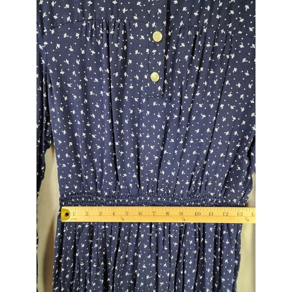 Virgo II Floral Navy Dress 12 Long Sleeve Button Front Pleated Skirt - Picture 5 of 7